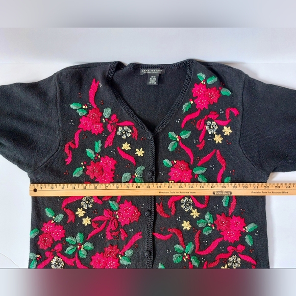 Beaded Poinsettia, Holly & Bows Christmas Black Cardigan Sweater 14/16 Lane Brya - Picture 5 of 7